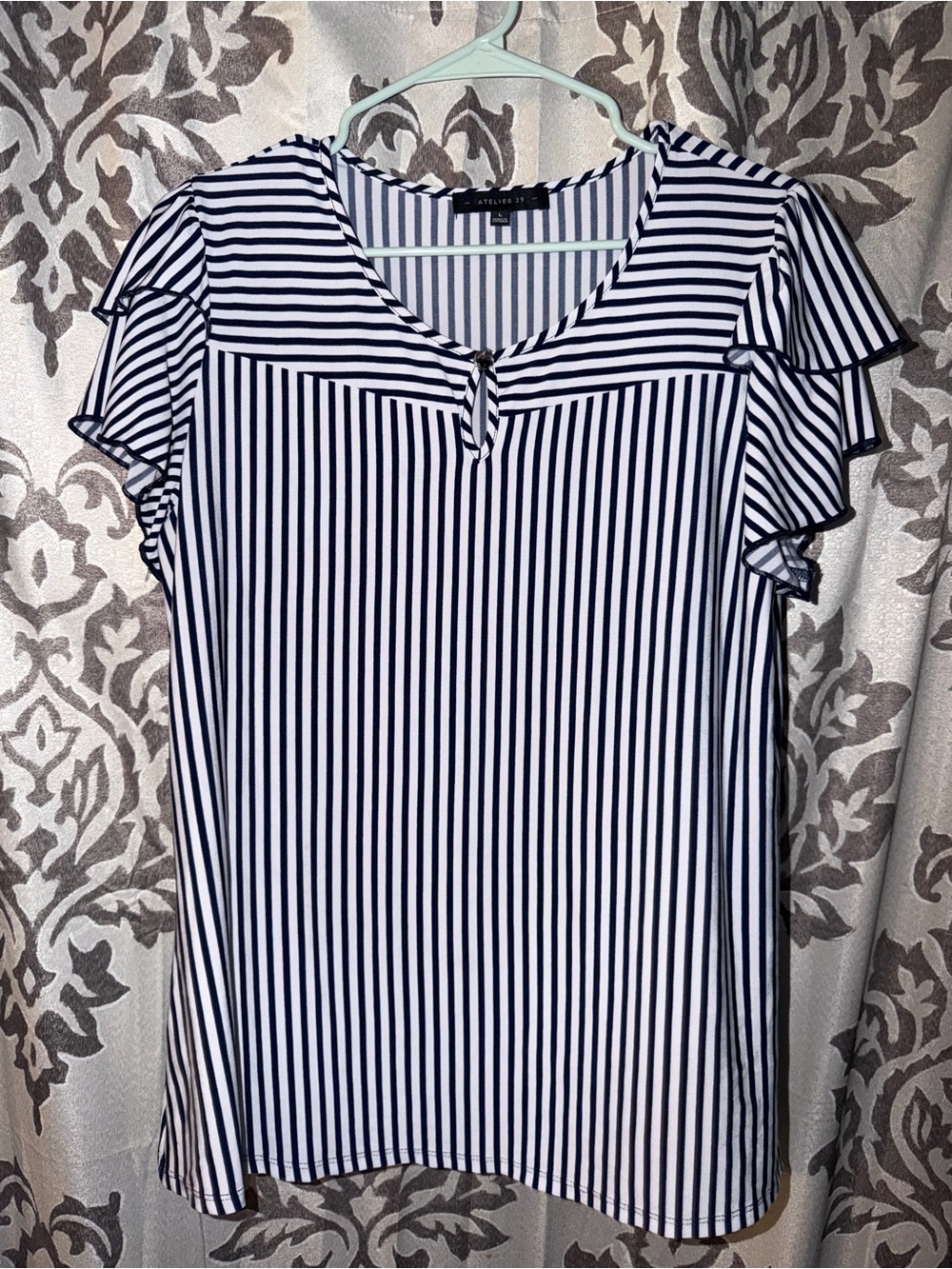 Apt. 9 Navy & White Vertical Stripe Flutter Sleeve Blouse